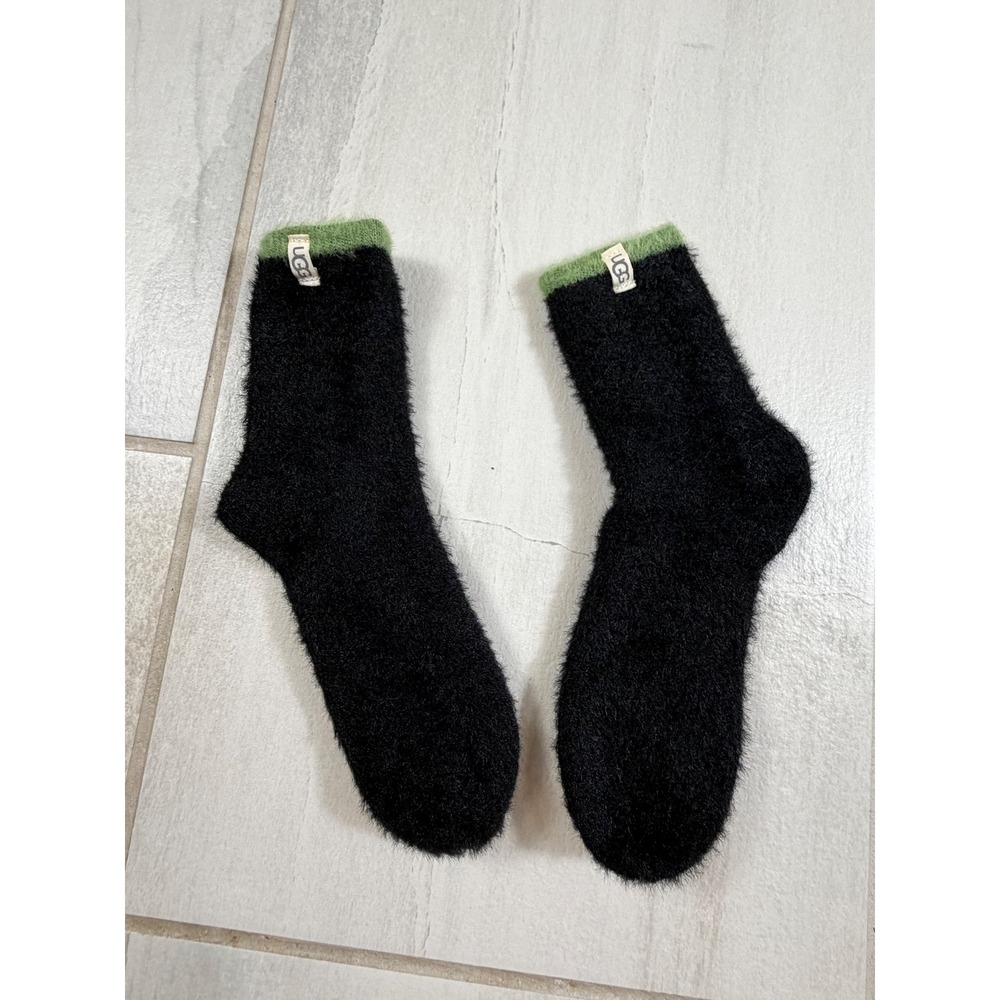 UGG Womens Fuzzy Crew Socks Black Sage Green Logo Tag Cozy Loungewear